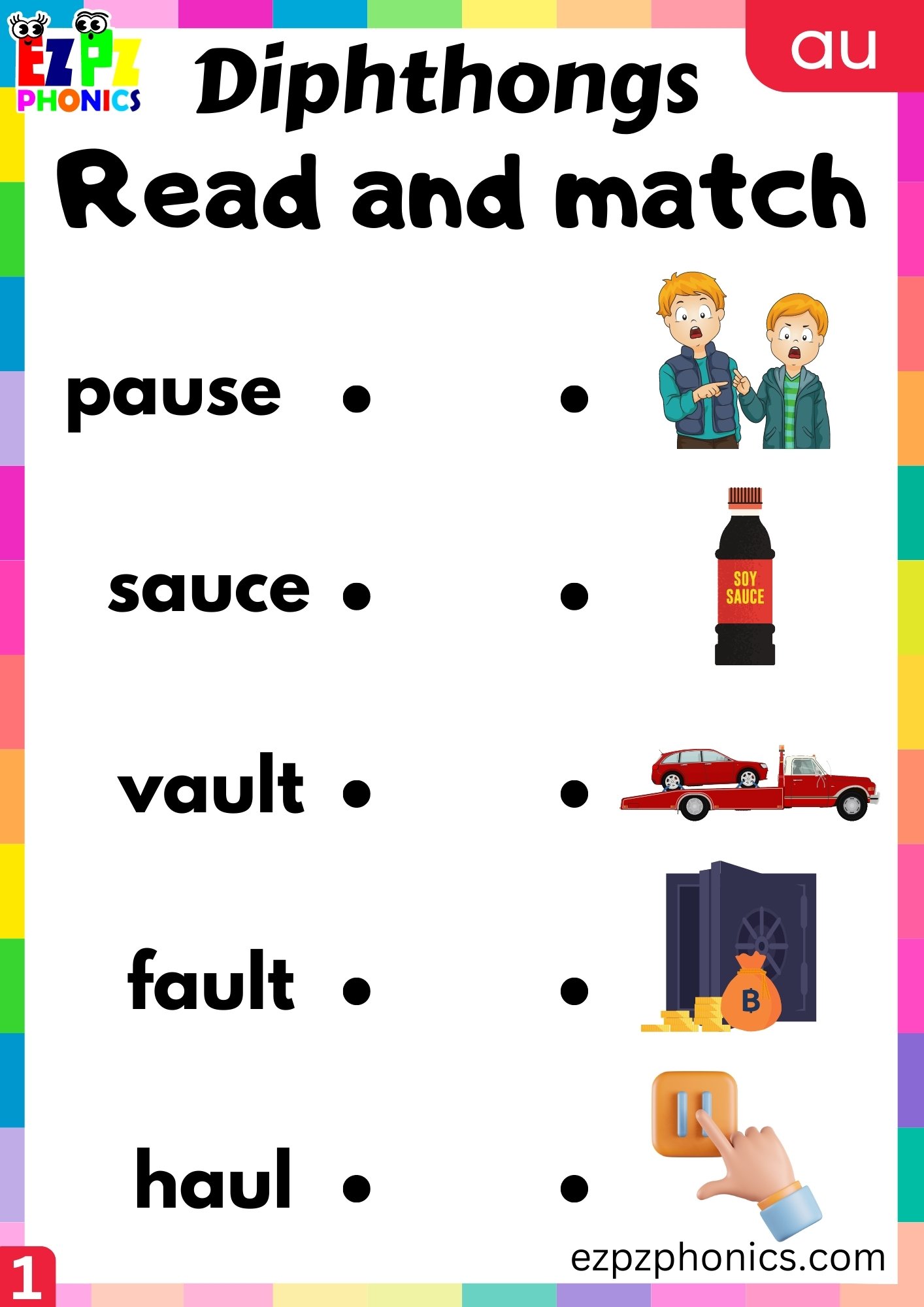 au Diphthong Read and Match the Image Worksheet PDF Download